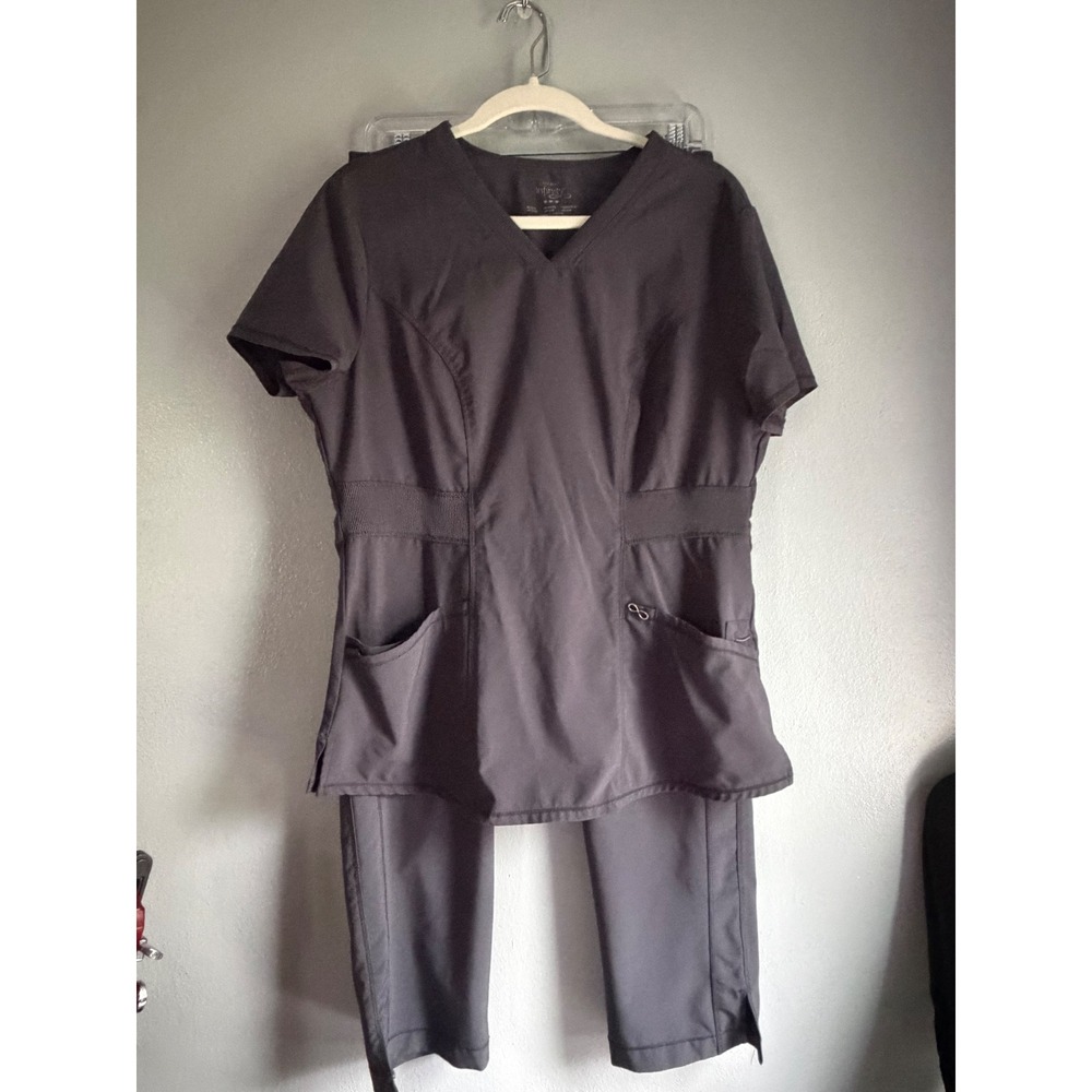 Cherokee Infinity Womens Scrub Set Charcoal Grey V-Neck Top Cargo Pants Medium